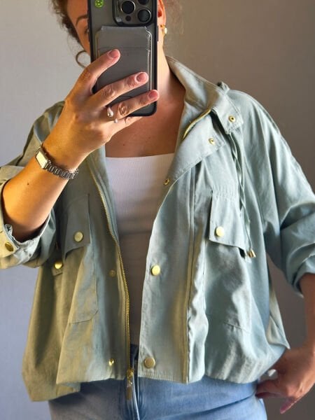 Su Yeşili Mevsimlik Kapüşonlu Ceket