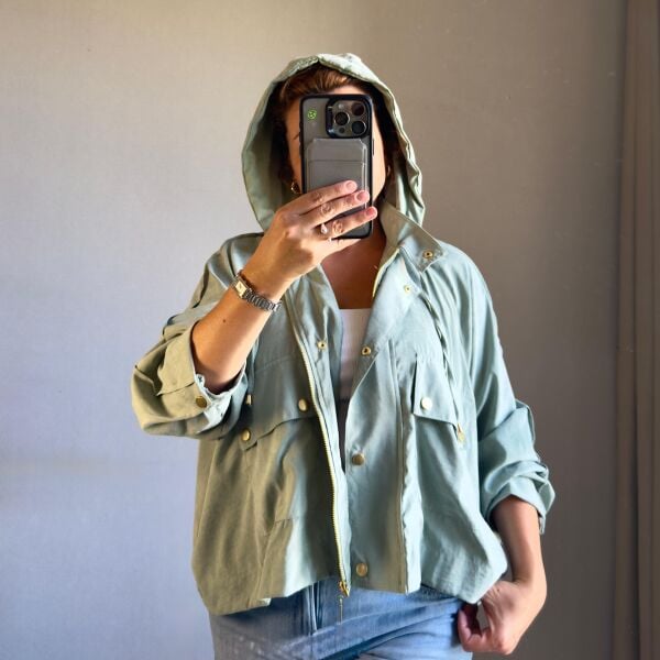 Su Yeşili Mevsimlik Kapüşonlu Ceket