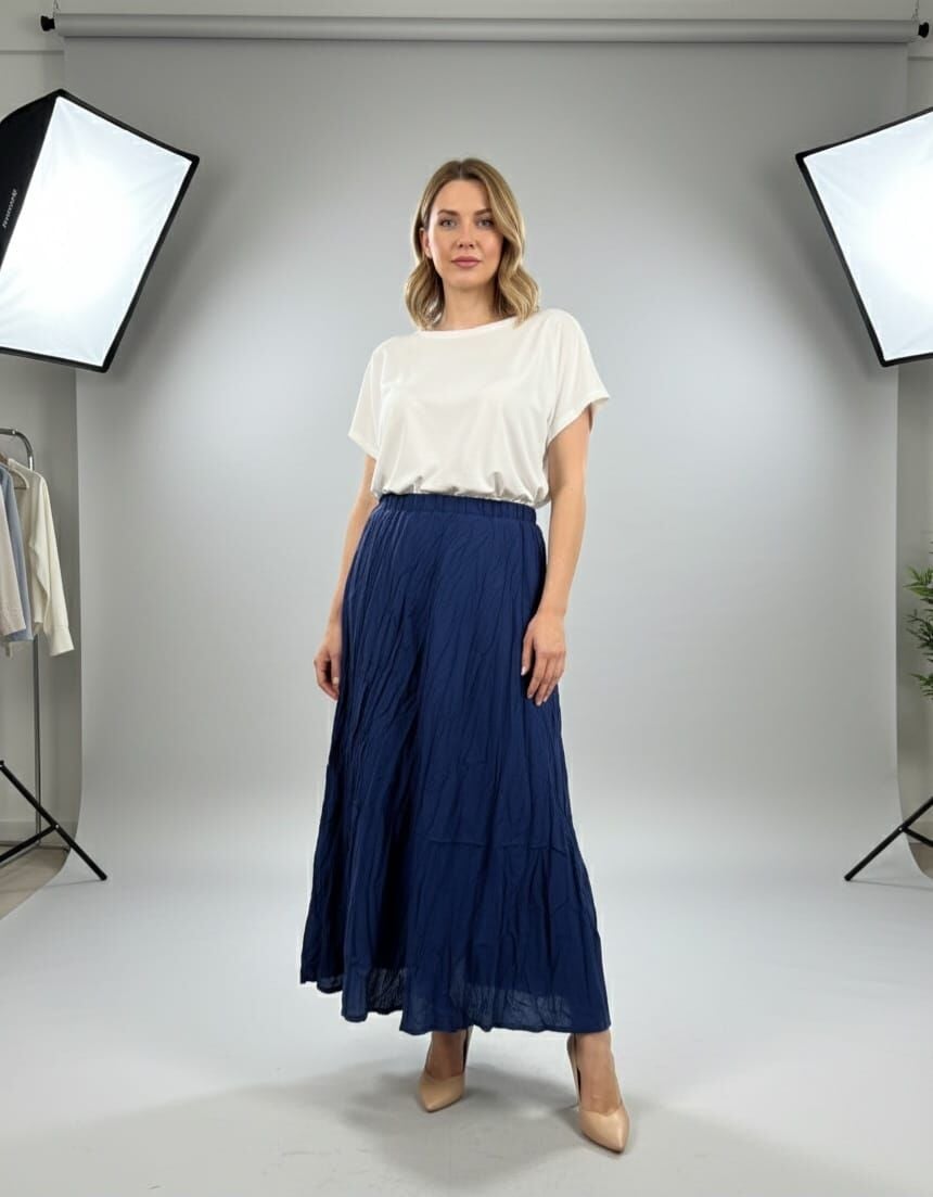 Astarlı Kırışık Lacivert Etek