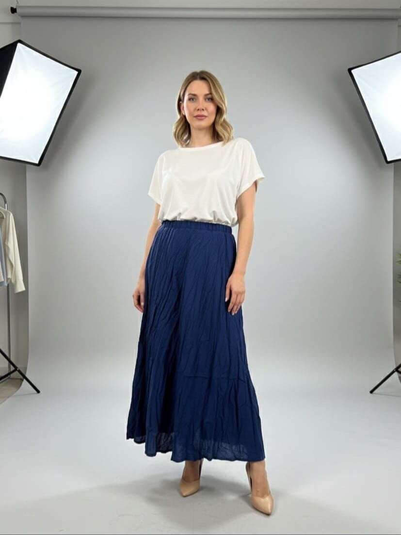 Astarlı Kırışık Lacivert Etek