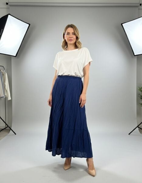 Astarlı Kırışık Lacivert Etek