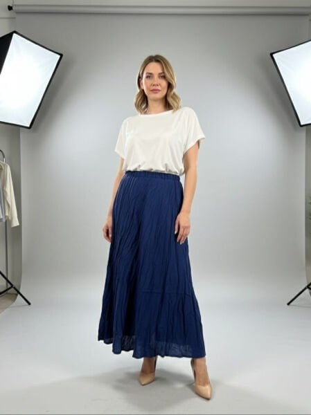 Astarlı Kırışık Lacivert Etek