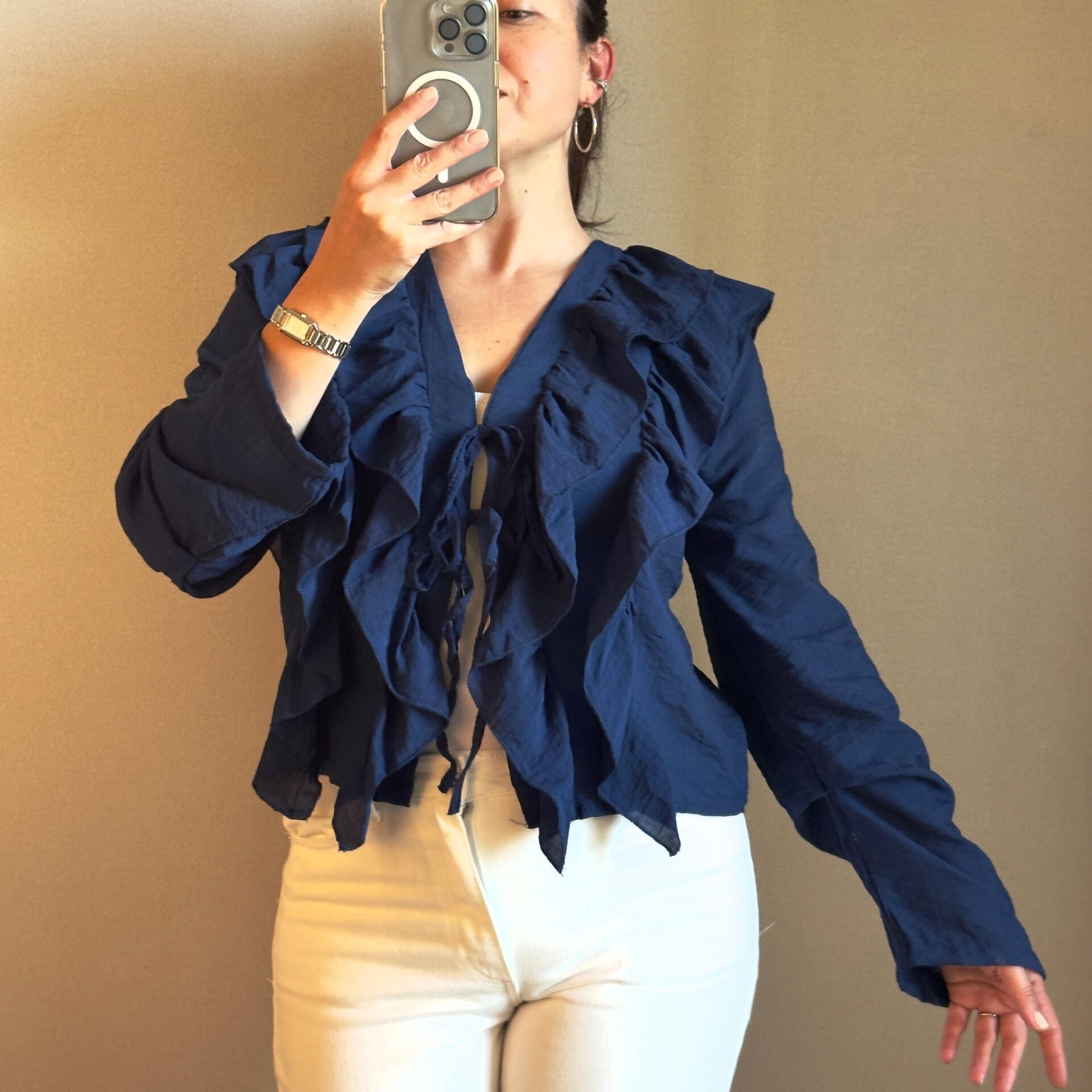 Önden Bağlamalı Fırfırlı Kadın Gömlek – Lacivert