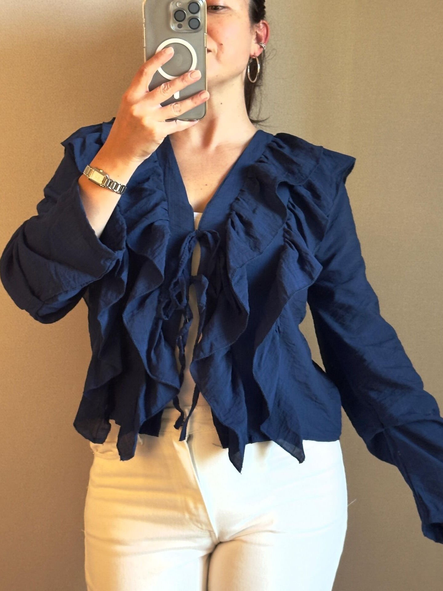 Önden Bağlamalı Fırfırlı Kadın Gömlek – Lacivert