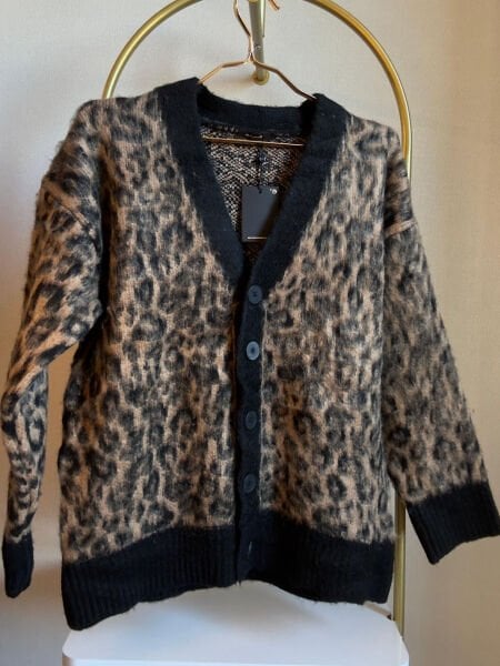 Kahverengi Leopar Desenli Düğmeli  Premium Kadın Hırka