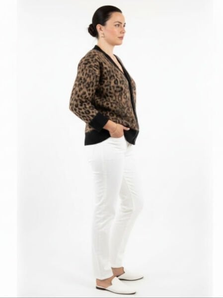 Kahverengi Leopar Desenli Düğmeli  Premium Kadın Hırka