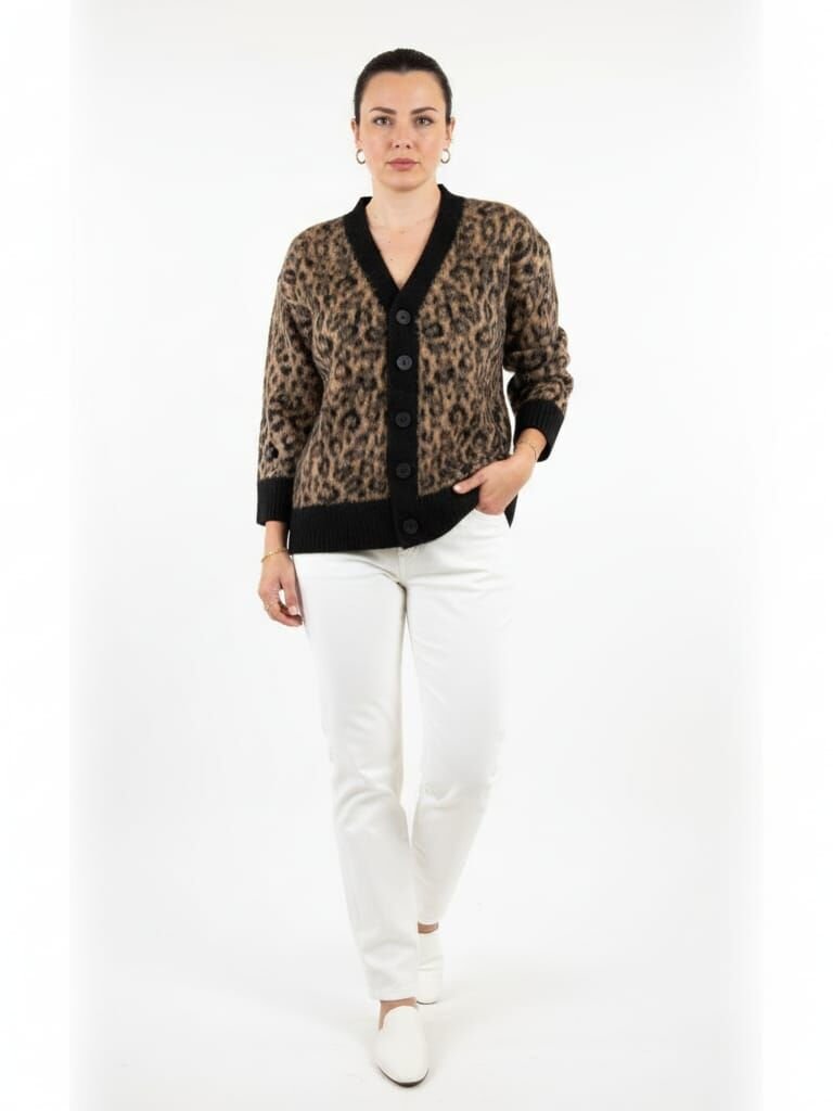 Kahverengi Leopar Desenli Düğmeli  Premium Kadın Hırka