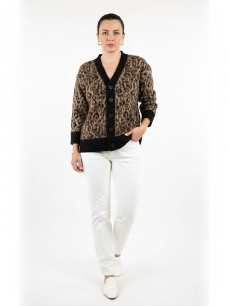 Kahverengi Leopar Desenli Düğmeli  Premium Kadın Hırka