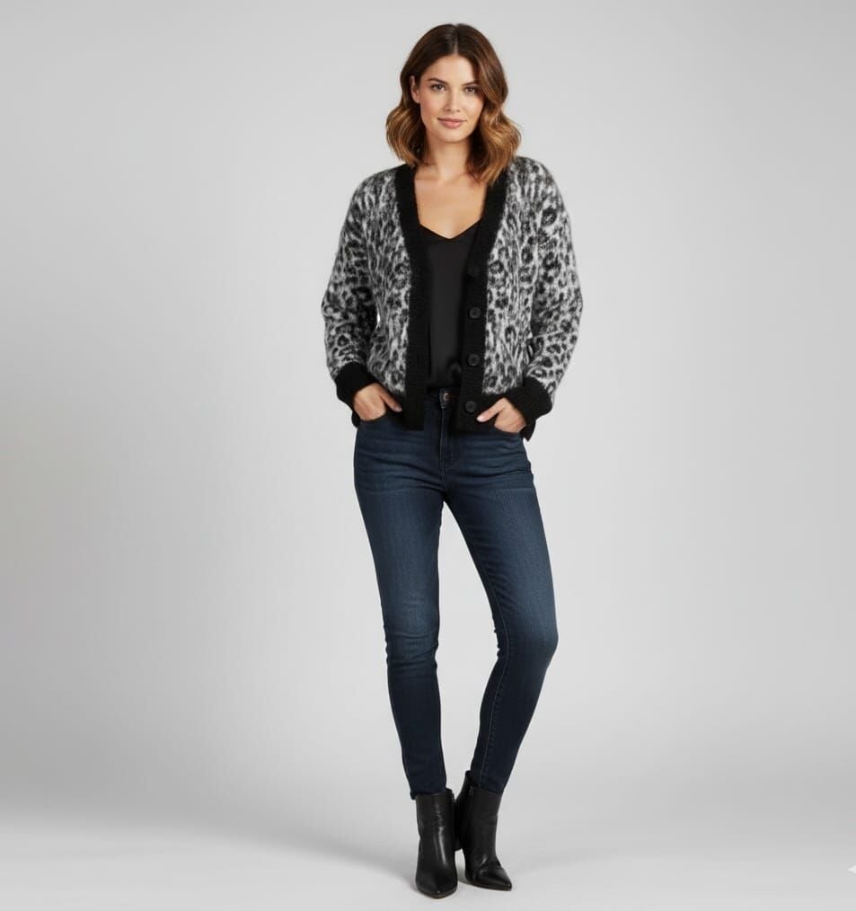 Gri Leopar Desenli Düğmeli Premium Kadın Hırka