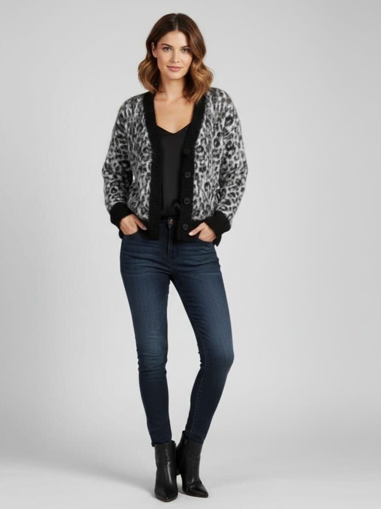 Gri Leopar Desenli Düğmeli Premium Kadın Hırka