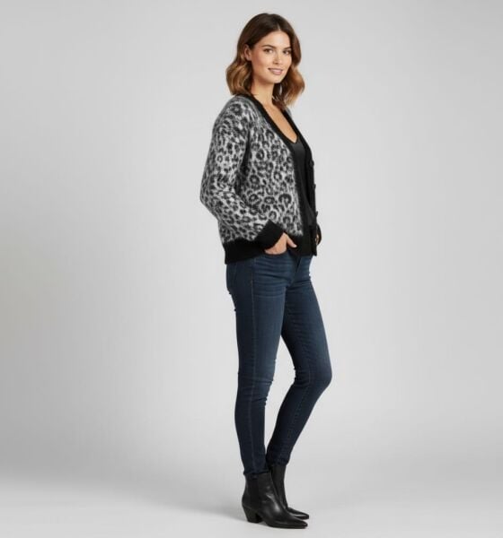 Gri Leopar Desenli Düğmeli Premium Kadın Hırka