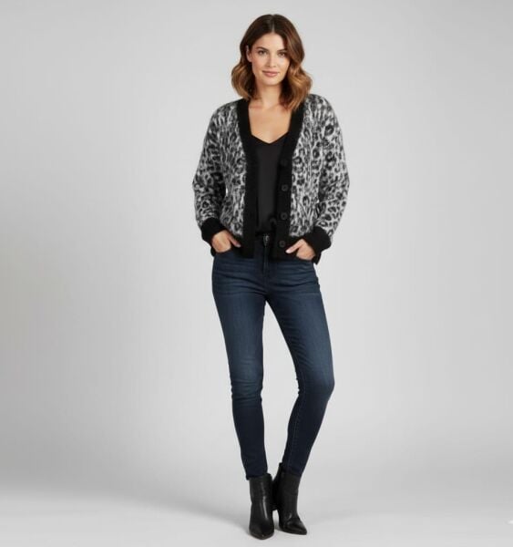 Gri Leopar Desenli Düğmeli Premium Kadın Hırka