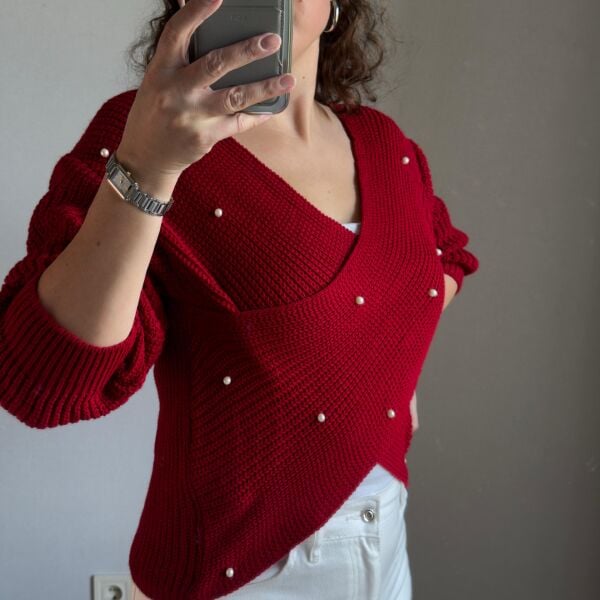 İnci Detaylı Kırmızı Triko Kazak