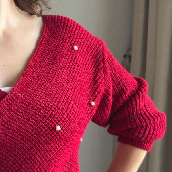 İnci Detaylı Kırmızı Triko Kazak