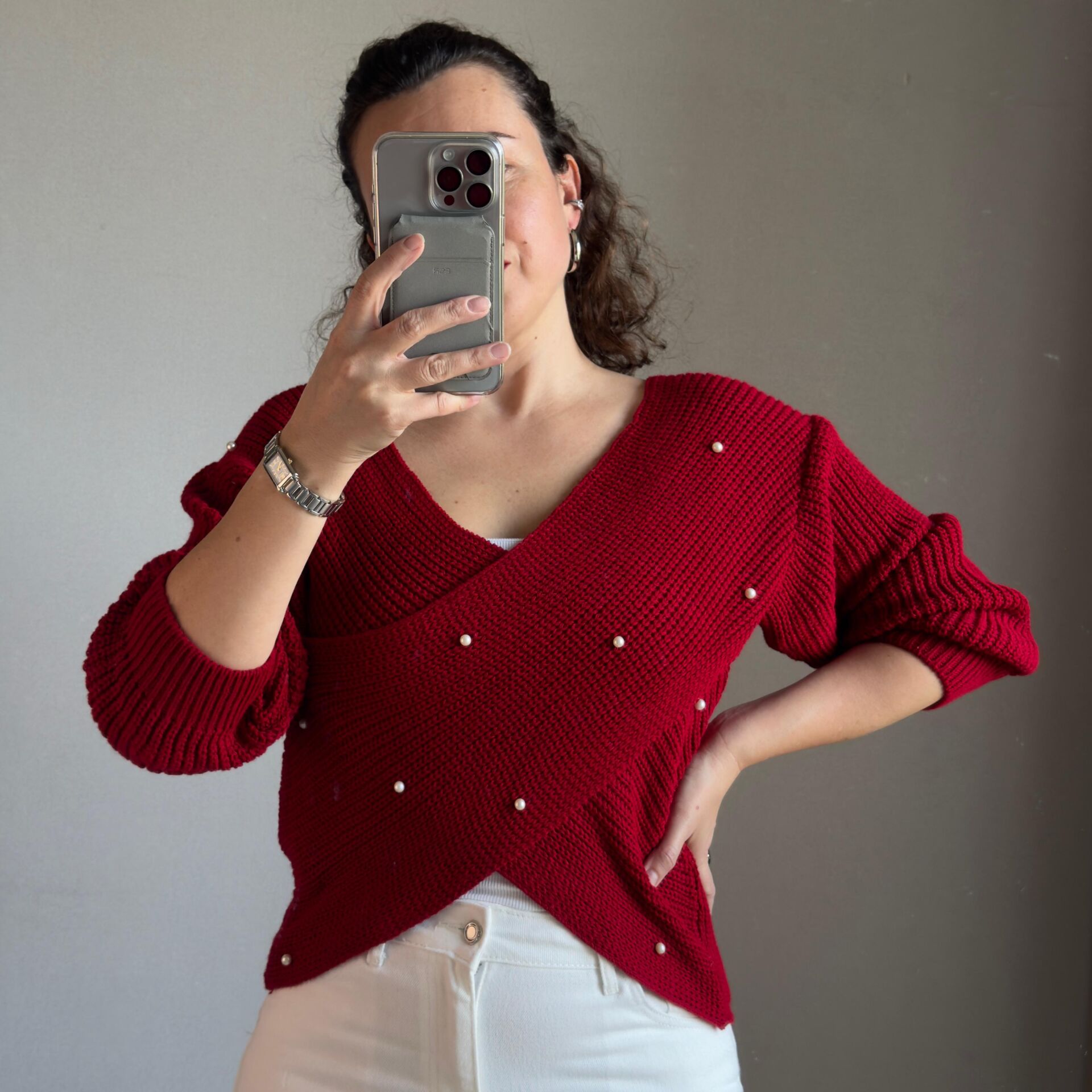 İnci Detaylı Kırmızı Triko Kazak