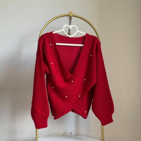 İnci Detaylı Kırmızı Triko Kazak