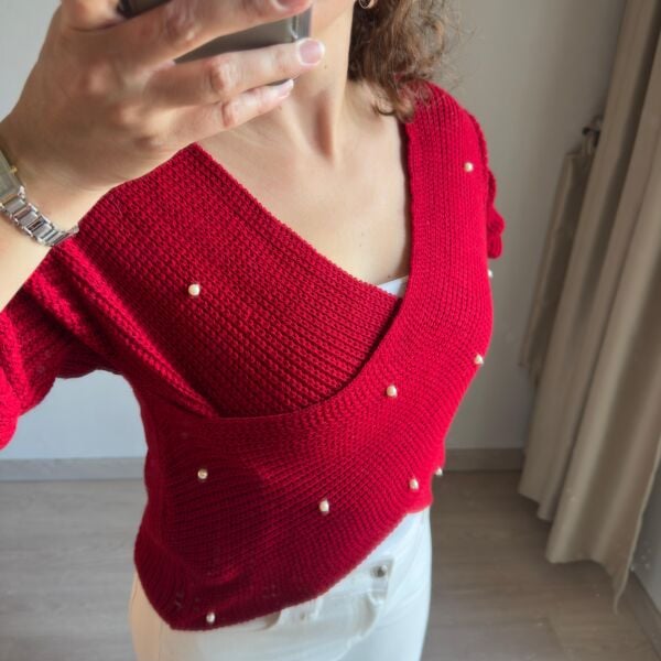 İnci Detaylı Kırmızı Triko Kazak