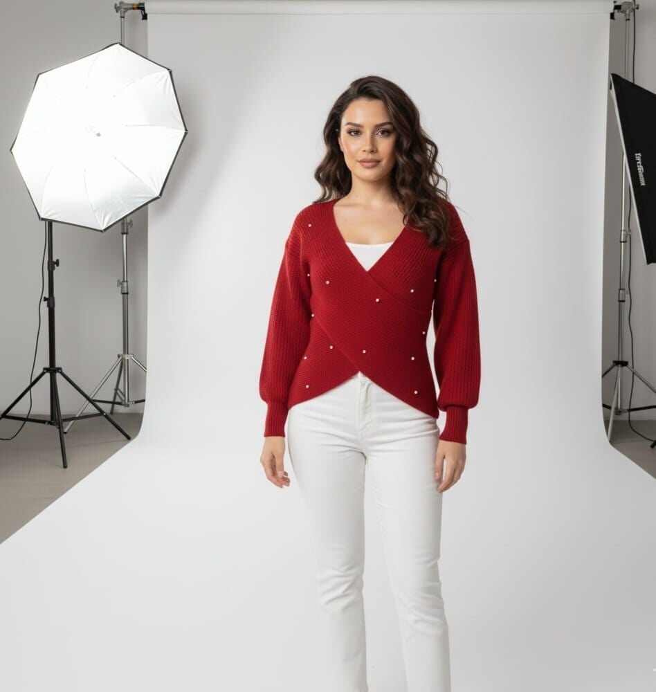 İnci Detaylı Kırmızı Triko Kazak