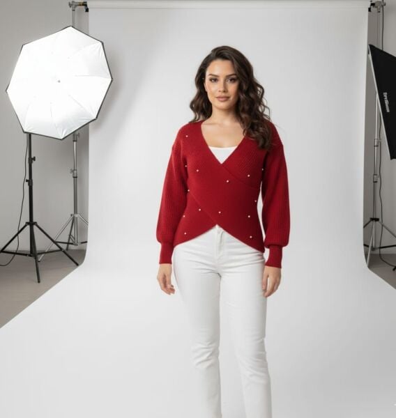 İnci Detaylı Kırmızı Triko Kazak