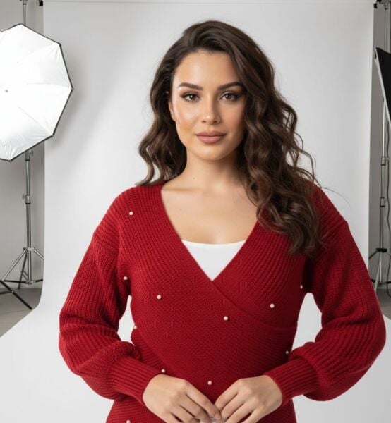 İnci Detaylı Kırmızı Triko Kazak