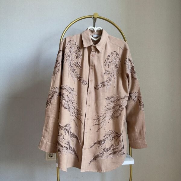 Kadın Bej İşlemeli Oversize Gömlek