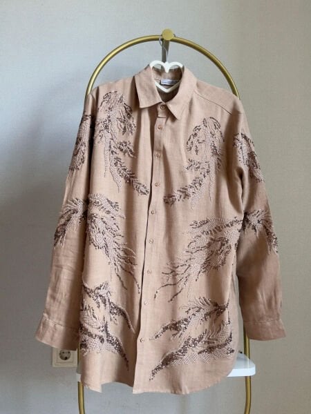 Kadın Bej İşlemeli Oversize Gömlek