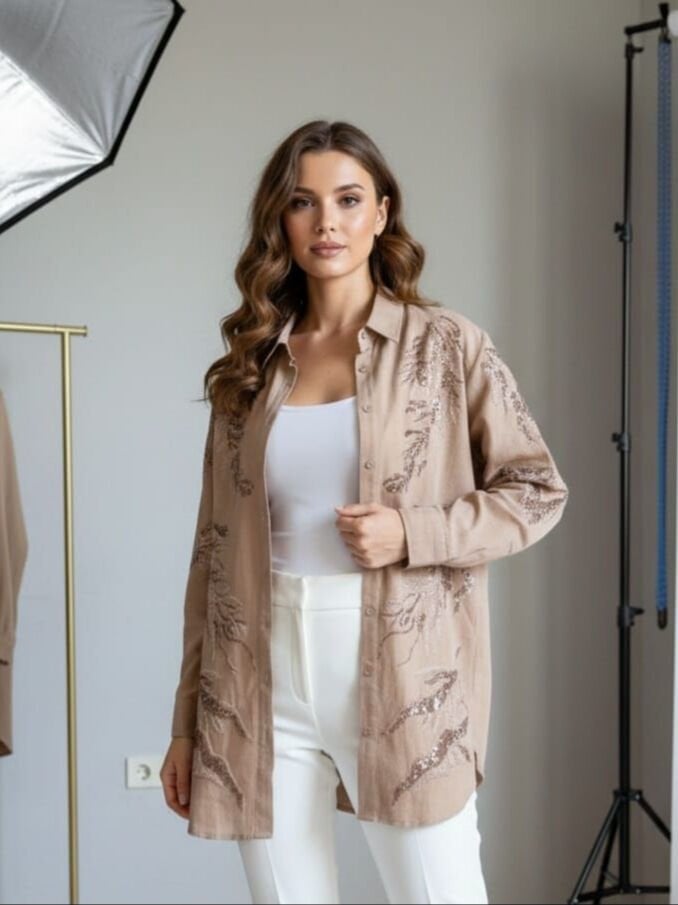 Kadın Bej İşlemeli Oversize Gömlek