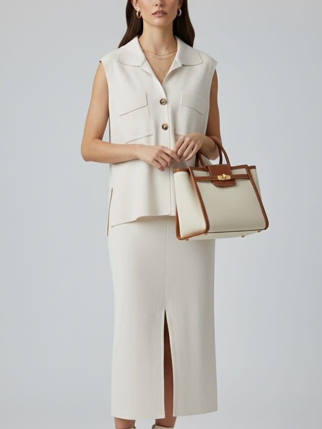 Krem Renkli Düğmeli Kolsuz Gömlek ve Etek Takımı