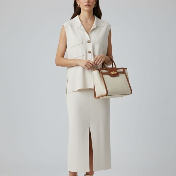 Krem Renkli Düğmeli Kolsuz Gömlek ve Etek Takımı