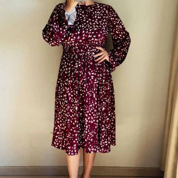 Bordo Desenli Uzun Kollu Bel Lastikli Midi Elbise