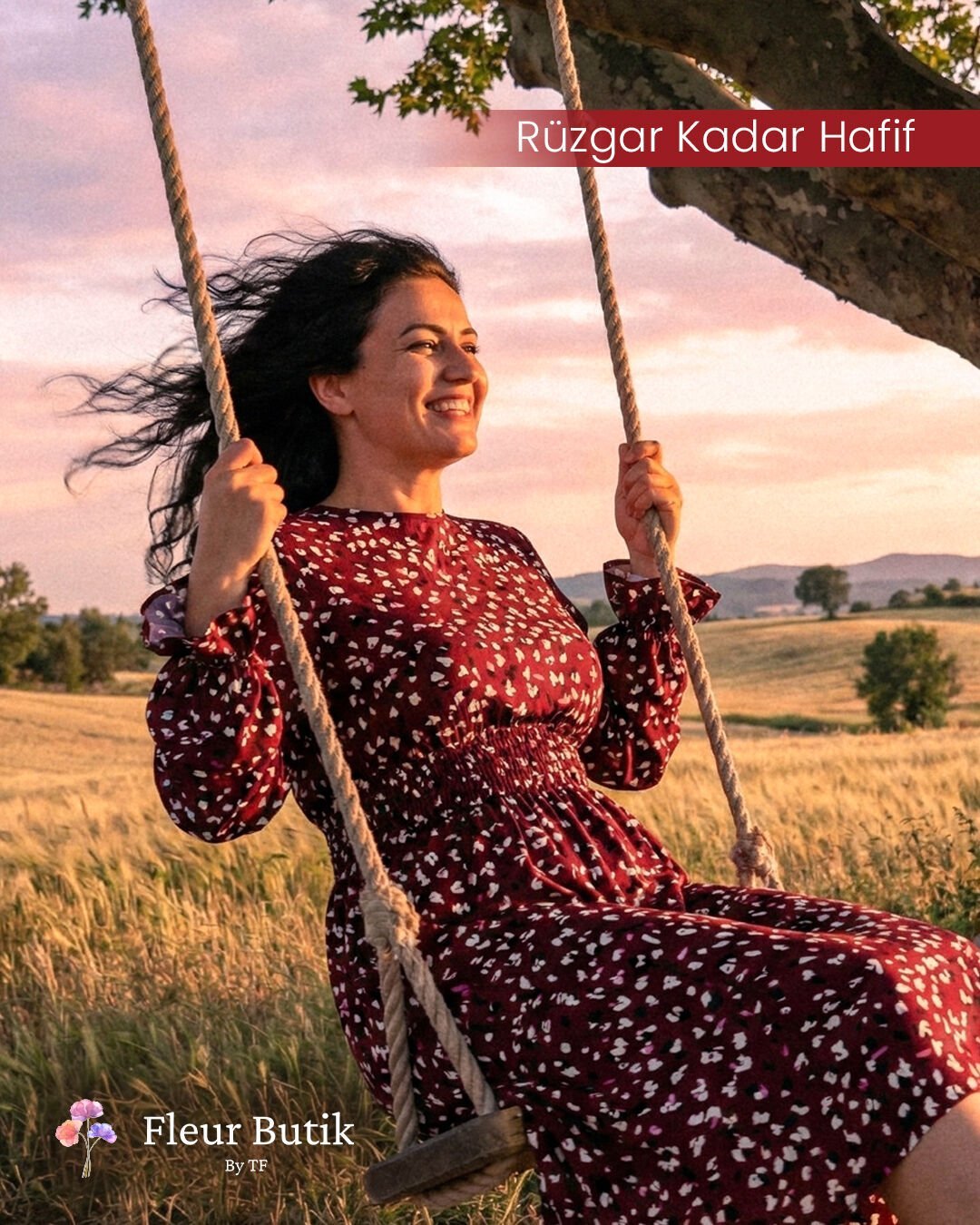 Bordo Desenli Uzun Kollu Bel Lastikli Midi Elbise