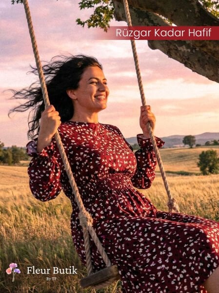 Bordo Desenli Uzun Kollu Bel Lastikli Midi Elbise