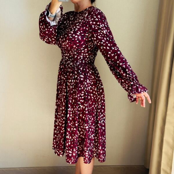 Bordo Desenli Uzun Kollu Bel Lastikli Midi Elbise