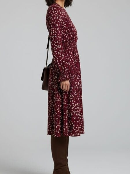 Bordo Desenli Uzun Kollu Bel Lastikli Midi Elbise