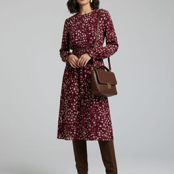 Bordo Desenli Uzun Kollu Bel Lastikli Midi Elbise