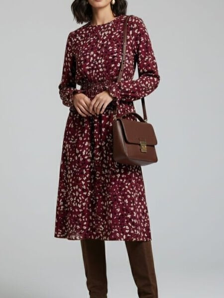 Bordo Desenli Uzun Kollu Bel Lastikli Midi Elbise