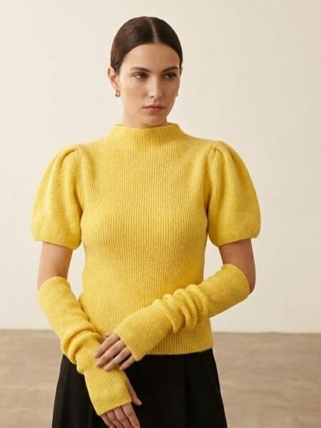 Sarı Balon Kol Triko Kazak