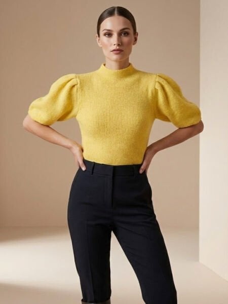 Sarı Balon Kol Triko Kazak