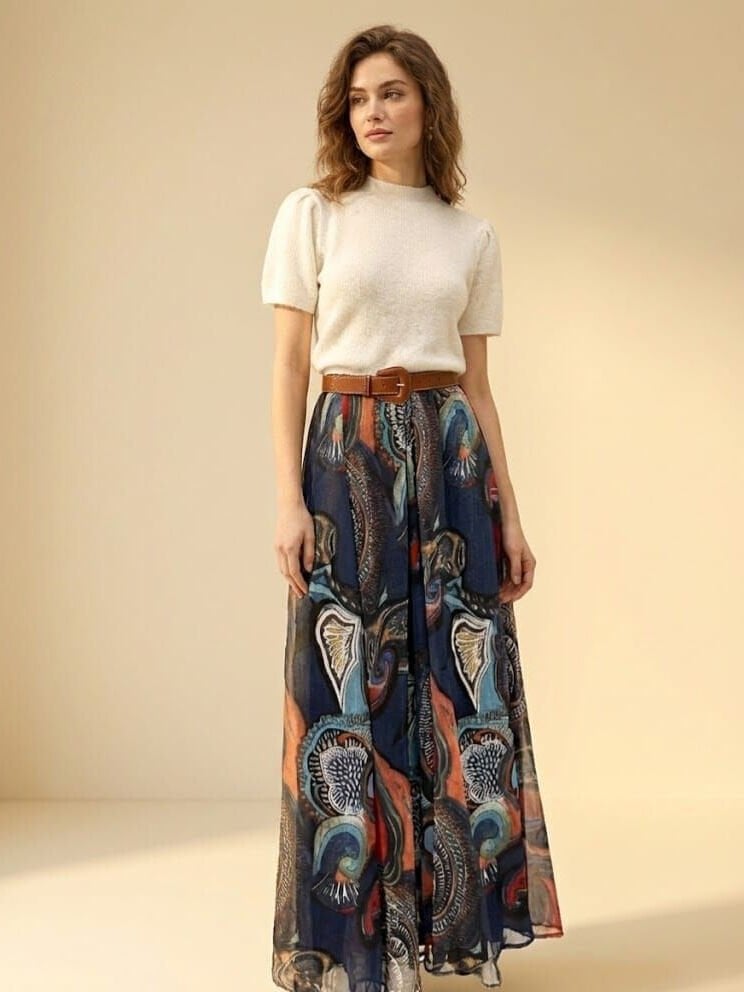Desenli Şifon Uzun Etek