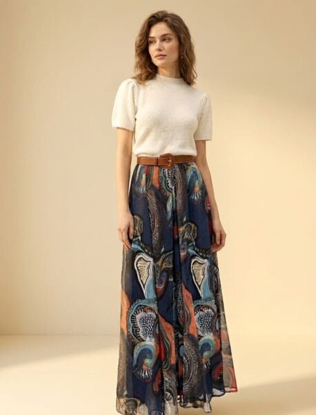Desenli Şifon Uzun Etek