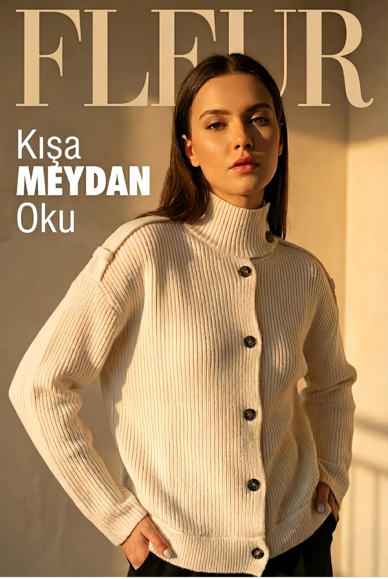 Krem Boğazlı  Kalın Kadın Triko Hırka