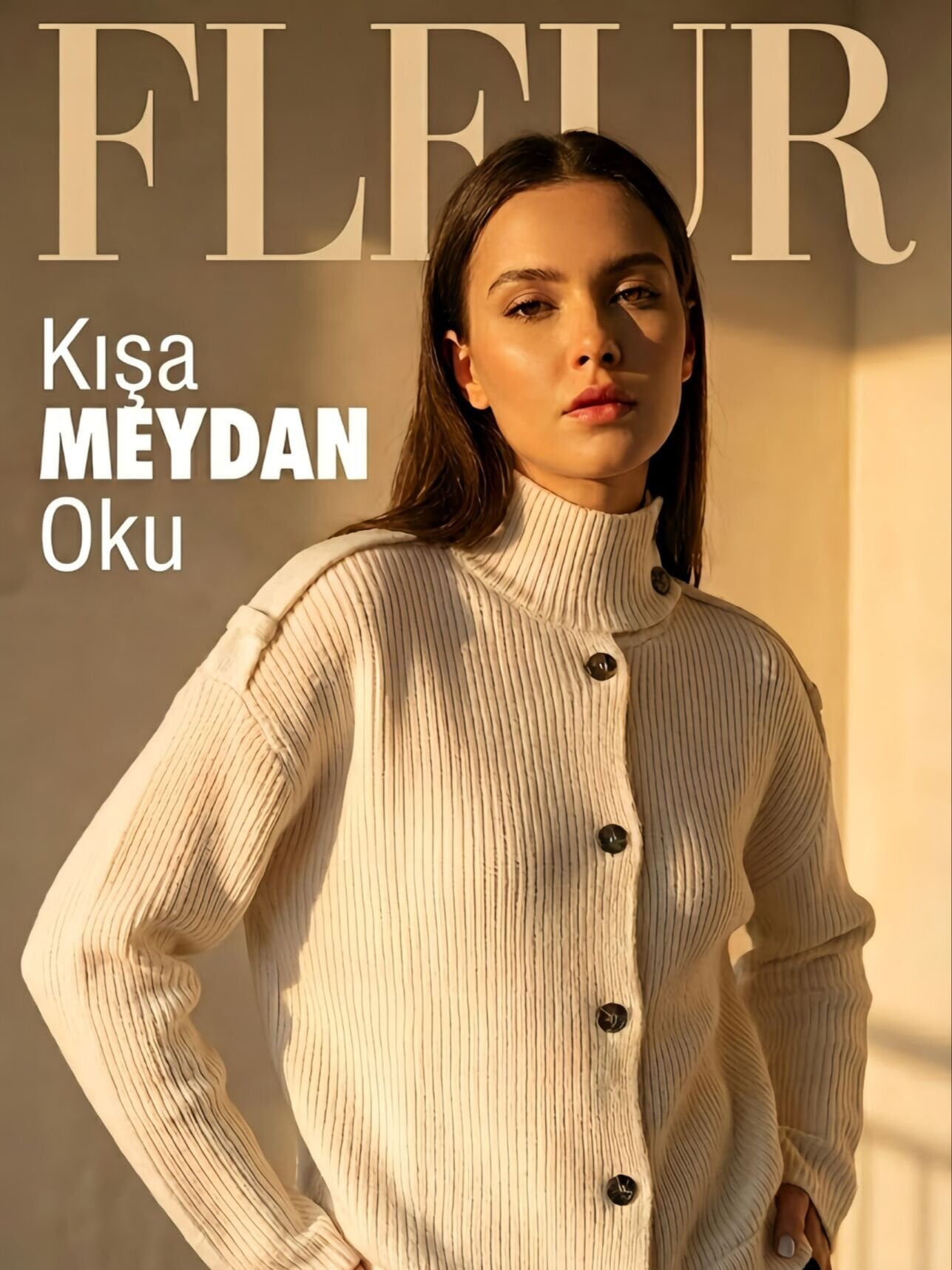 Krem Boğazlı Kalın Kadın Triko Hırka