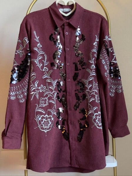 Bordo İşlemeli Kadife Gömlek