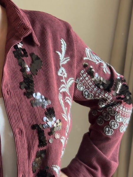 Bordo İşlemeli Kadife Gömlek