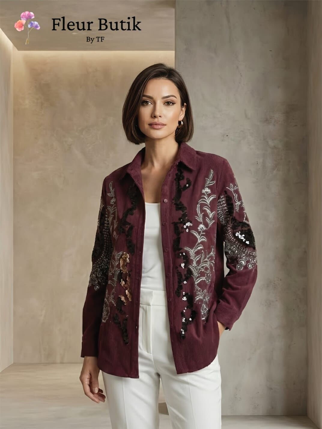 Bordo İşlemeli Kadife Gömlek