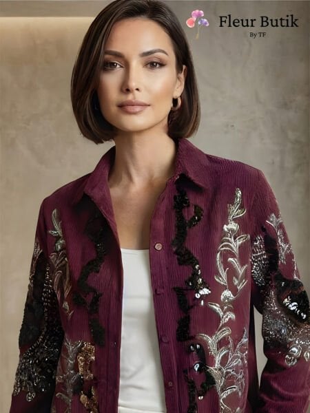 Bordo İşlemeli Kadife Gömlek