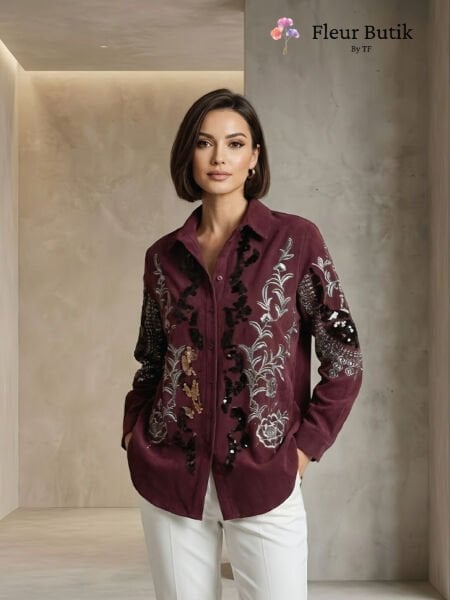 Bordo İşlemeli Kadife Gömlek