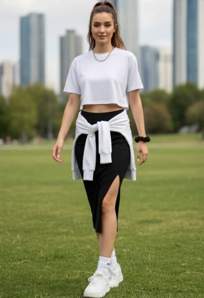 Yırtmaçlı Beli Lastikli Siyah Midi Kalem Etek