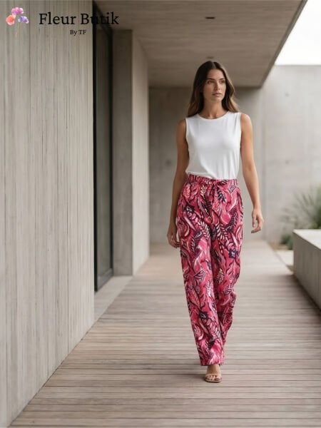 Beli Lastikli Desenli Yüksek Bel Pantolon