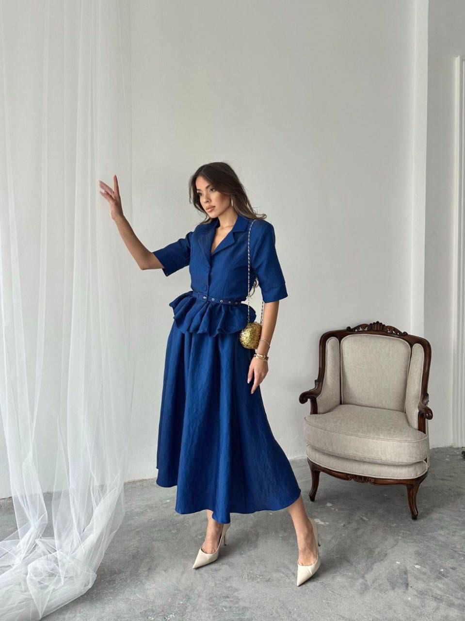 Mavi Viskon Kumaş Maksi Etek Takım